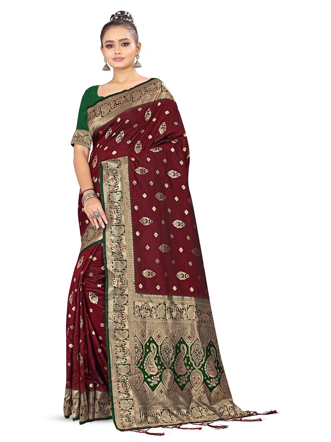 

RANGRASIYA Woven Design Zari Art Silk Kanjeevaram Saree, Maroon