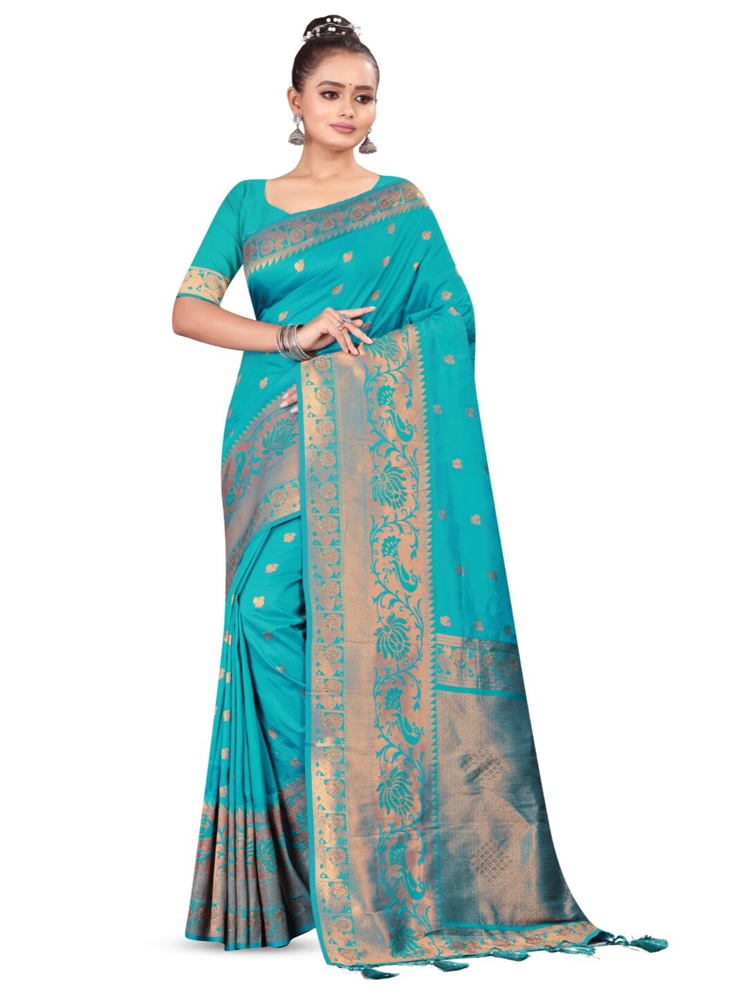 

RANGRASIYA Ethnic Motifs Woven Design Organza Banarasi Saree, Turquoise blue