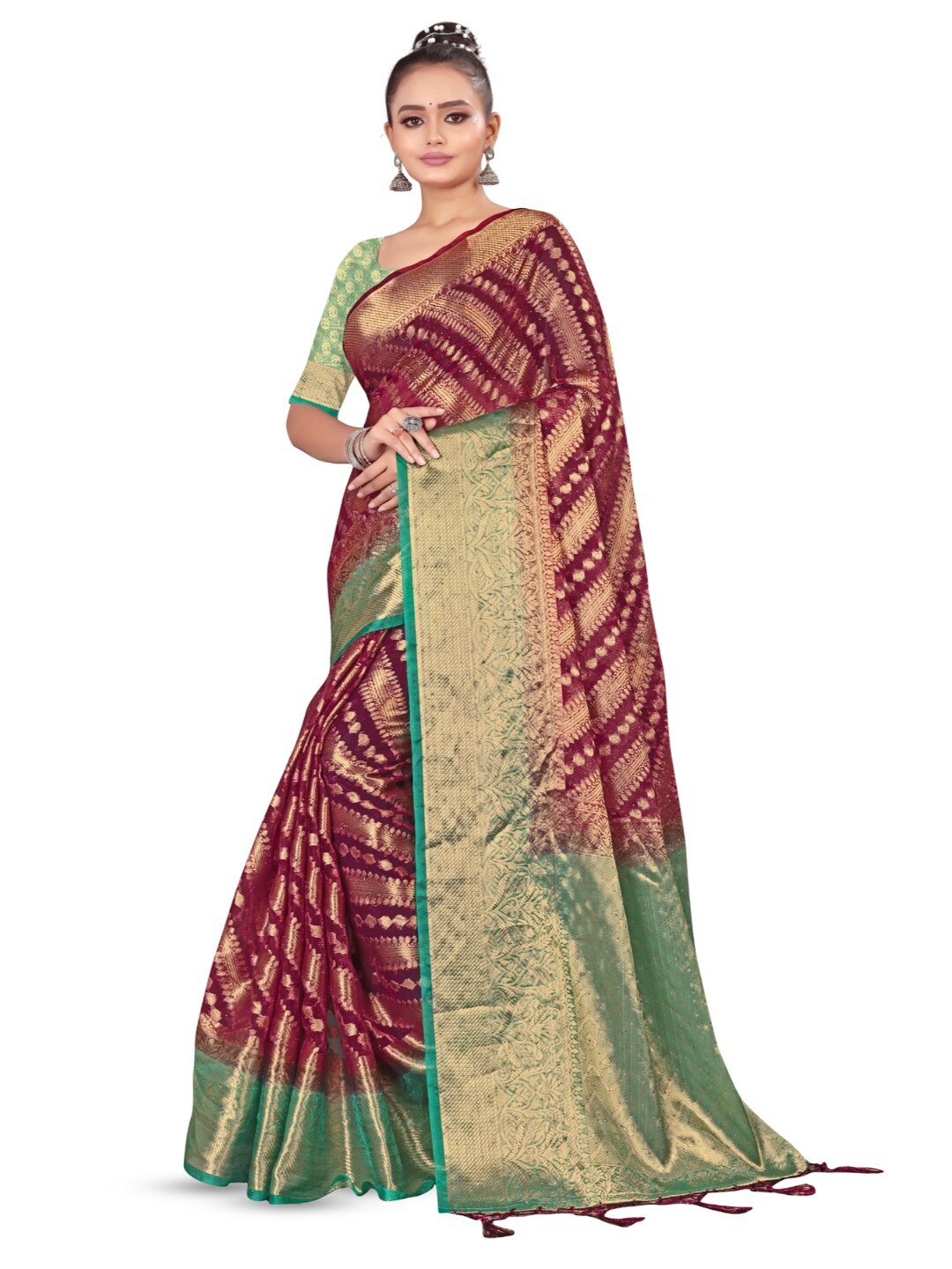 

RANGRASIYA Ethnic Motifs Woven Design Zari Organza Banarasi Saree, Maroon