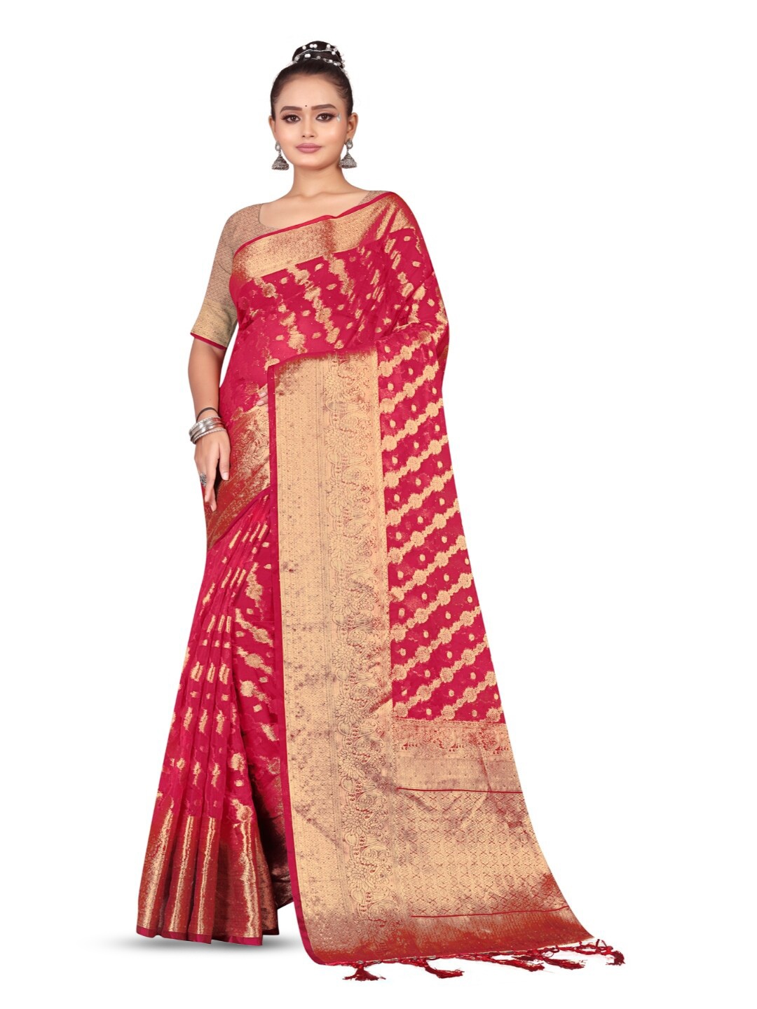 

RANGRASIYA Ethnic Motifs Woven Design Beads and Stones Organza Banarasi Saree, Magenta