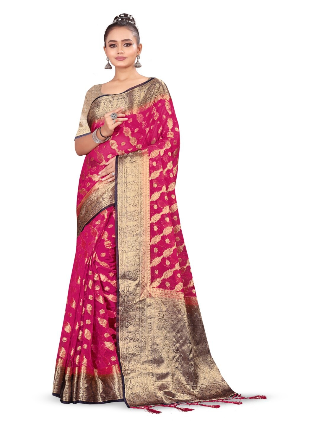 

RANGRASIYA Ethnic Woven Design Zari Organza Banarasi Saree, Pink