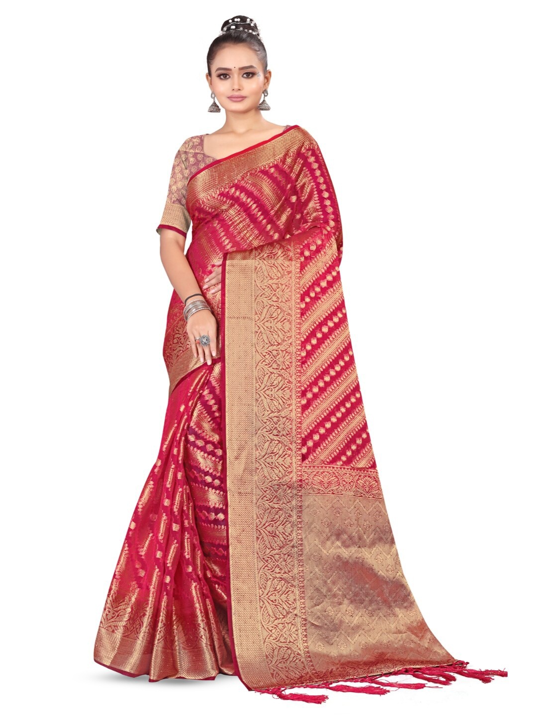 

RANGRASIYA Woven Design Zari Organza Banarasi Saree, Magenta