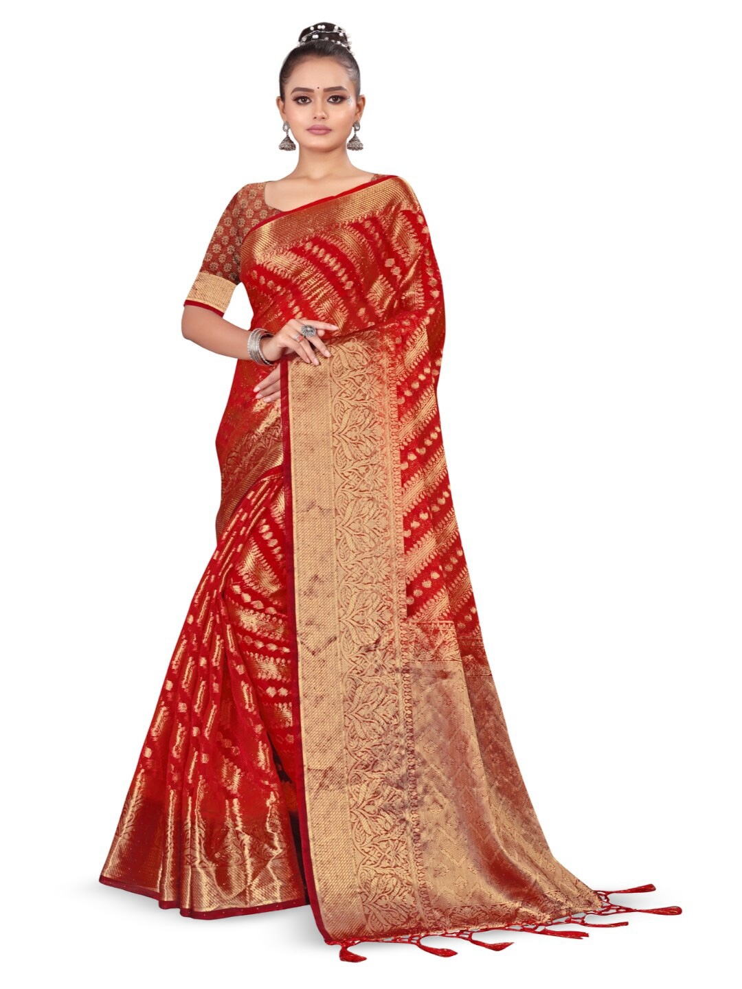 

RANGRASIYA Ethnic Motifs Woven Design Organza Banarasi Saree, Red