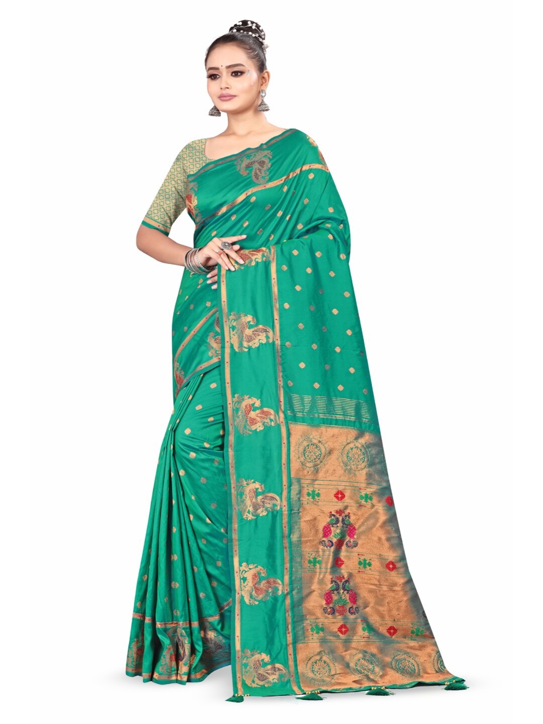 

RANGRASIYA Ethnic Motifs Zari Art Silk Paithani Saree, Green