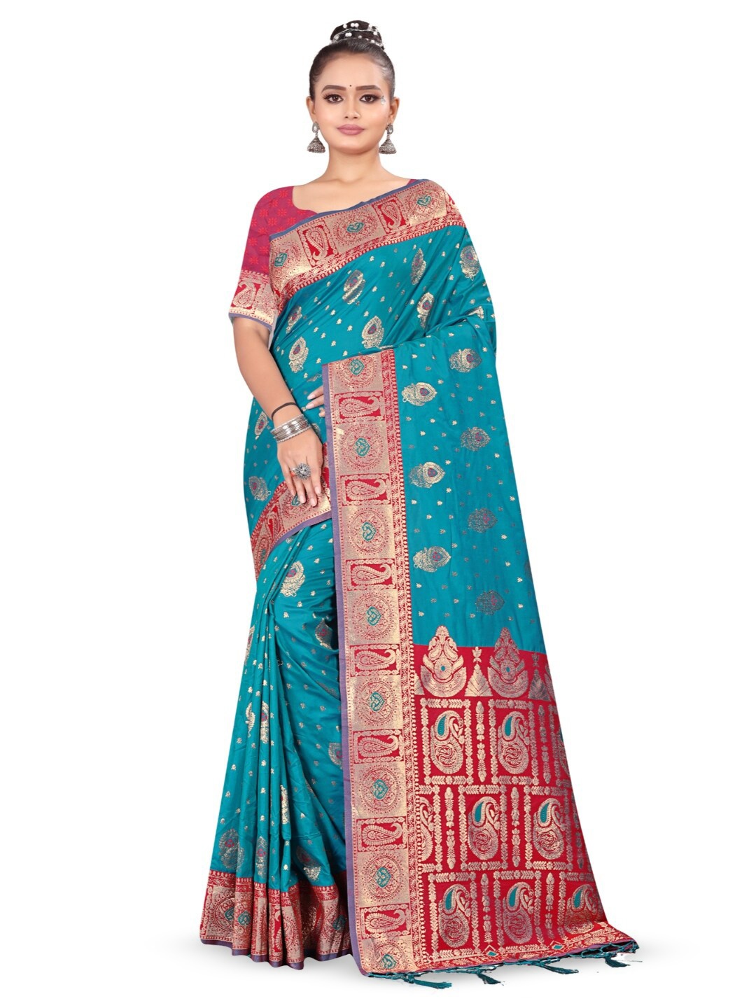 

RANGRASIYA Ethnic Motifs Woven Design Zari Kanjeevaram Saree, Turquoise blue