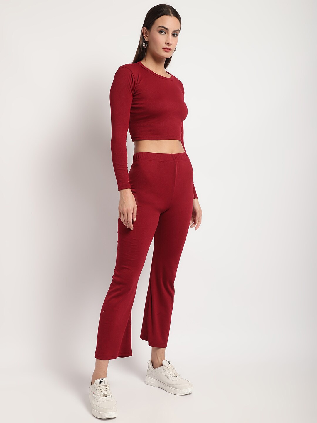 

Miaz Lifestyle Round Neck Pure Cotton Crop Top & Flared Trousers, Maroon