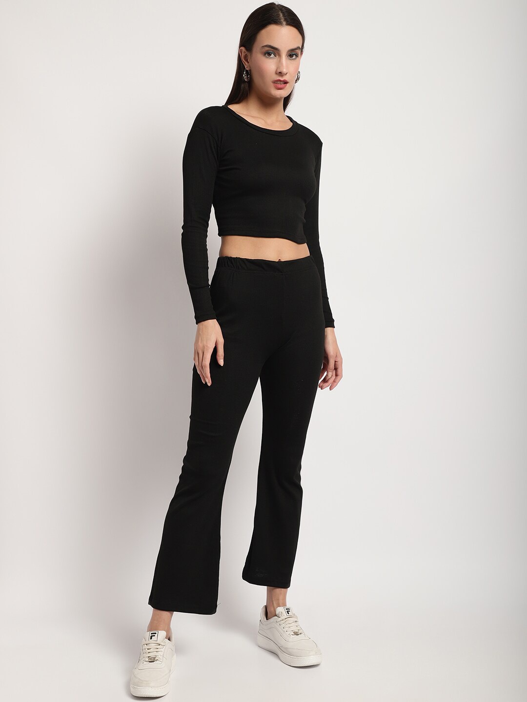 

Miaz Lifestyle Pure Cotton Crop Top & Flared Trousers, Black