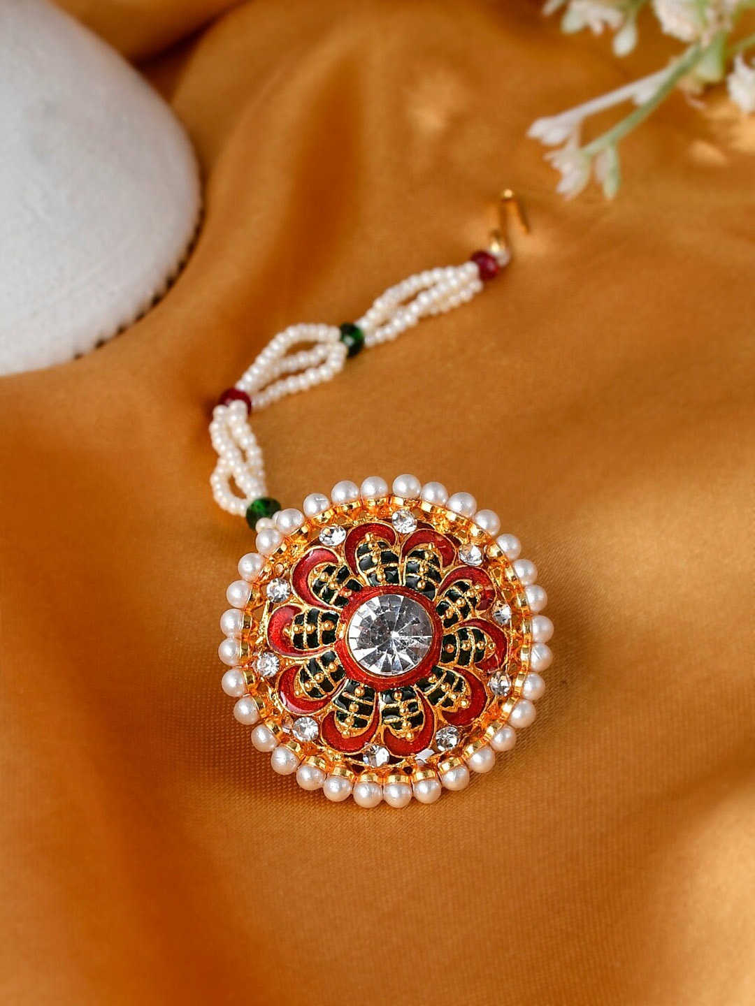 

Silvermerc Designs Gold-Plated Pearls Studded Maang Tikka
