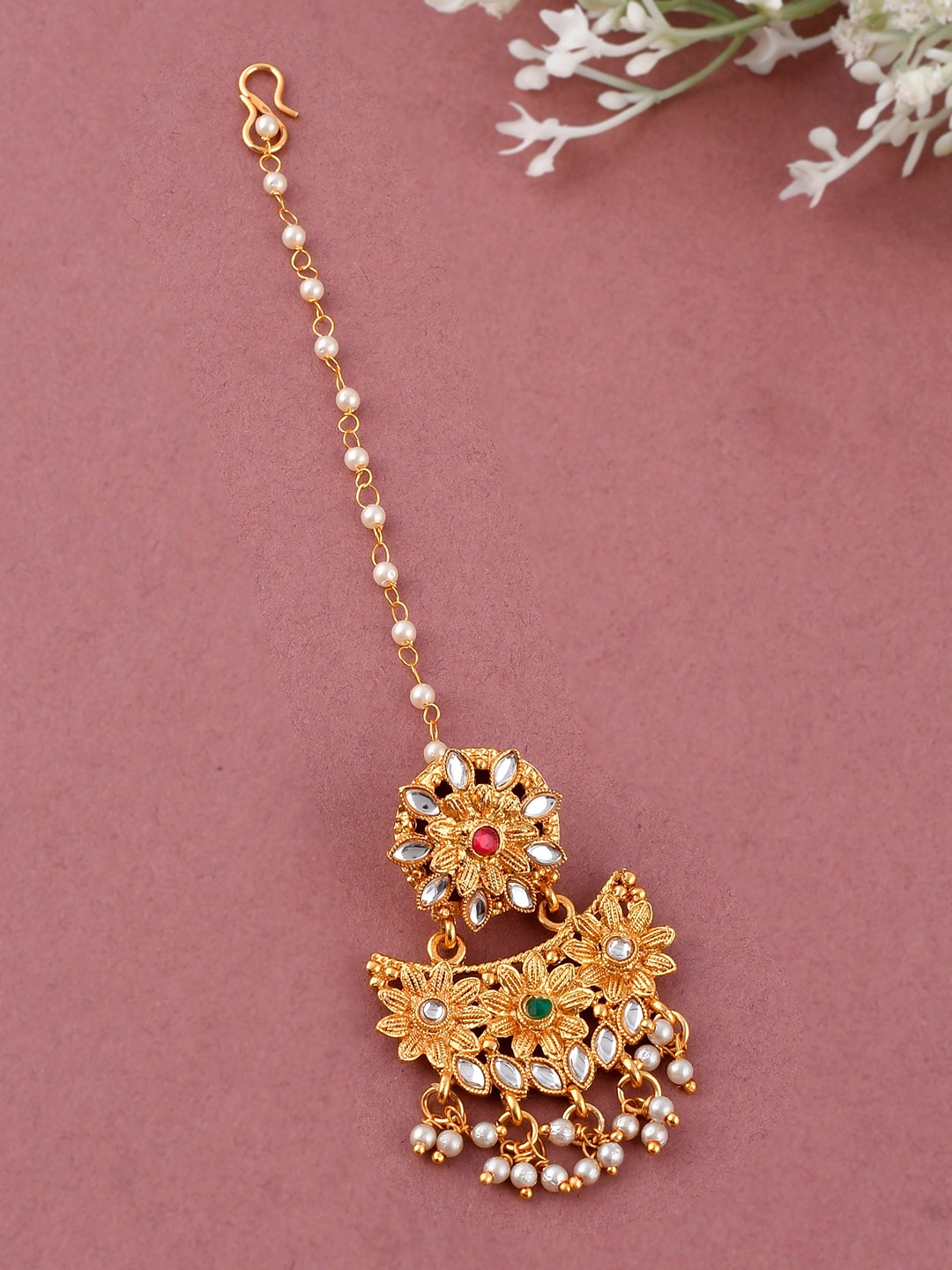 

Silvermerc Designs Gold-Plated Pearls Studded Sheeshphool Head Jewellery