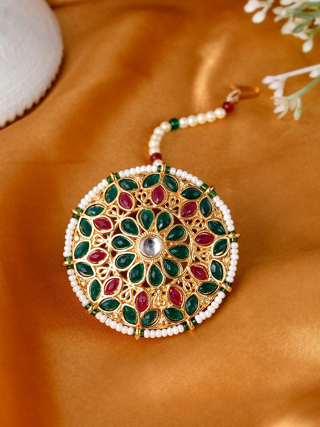 

Silvermerc Designs Gold-Plated Pearls Studded Sheeshphool Head Jewellery