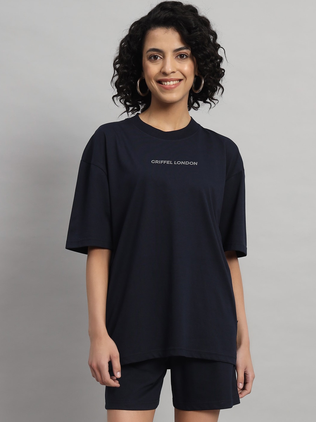 

GRIFFEL Round Neck T-Shirt & Flared Shorts Co-Ords, Navy blue
