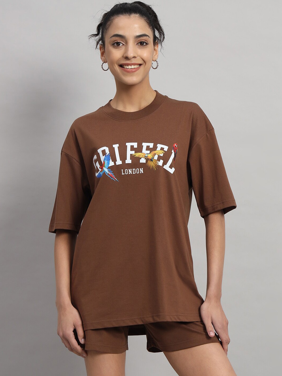 

GRIFFEL Typography Printed Pure Cotton T-Shirt With Shorts Co-Ords, Camel brown