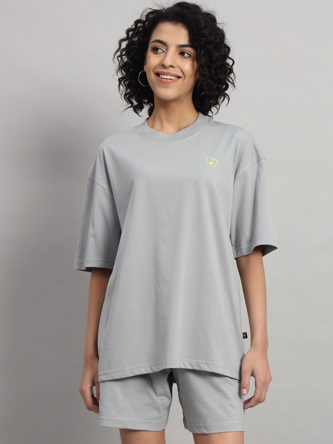 

GRIFFEL Pure Cotton Round Neck T-Shirt & Flared Shorts Co-Ords, Grey