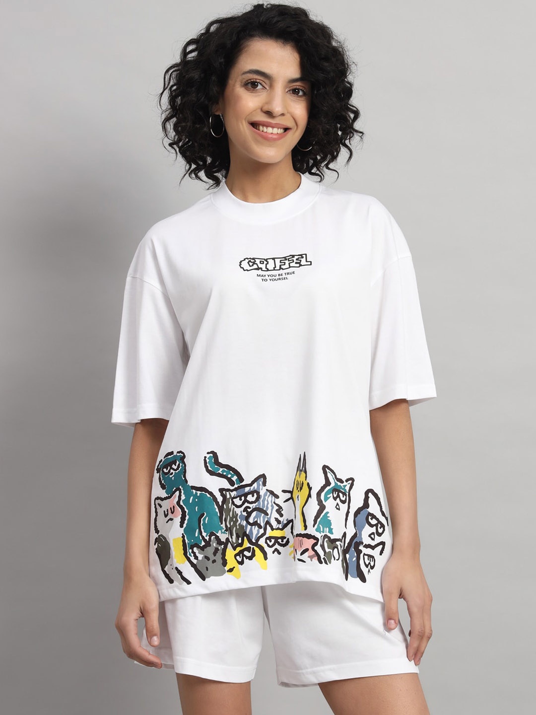 

GRIFFEL Graphic Printed Pure Cotton T-Shirt With Shorts Co-Ords, White