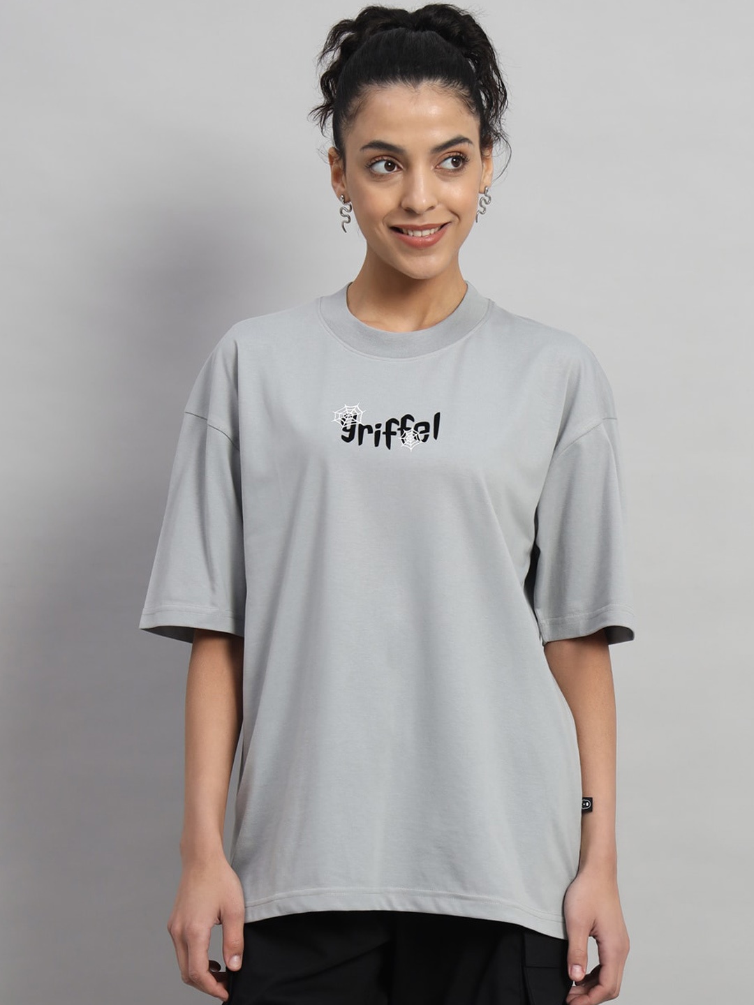 

GRIFFEL Graphic Printed Pure Cotton Round Neck T-Shirt & Flared Shorts Co-Ords, Grey