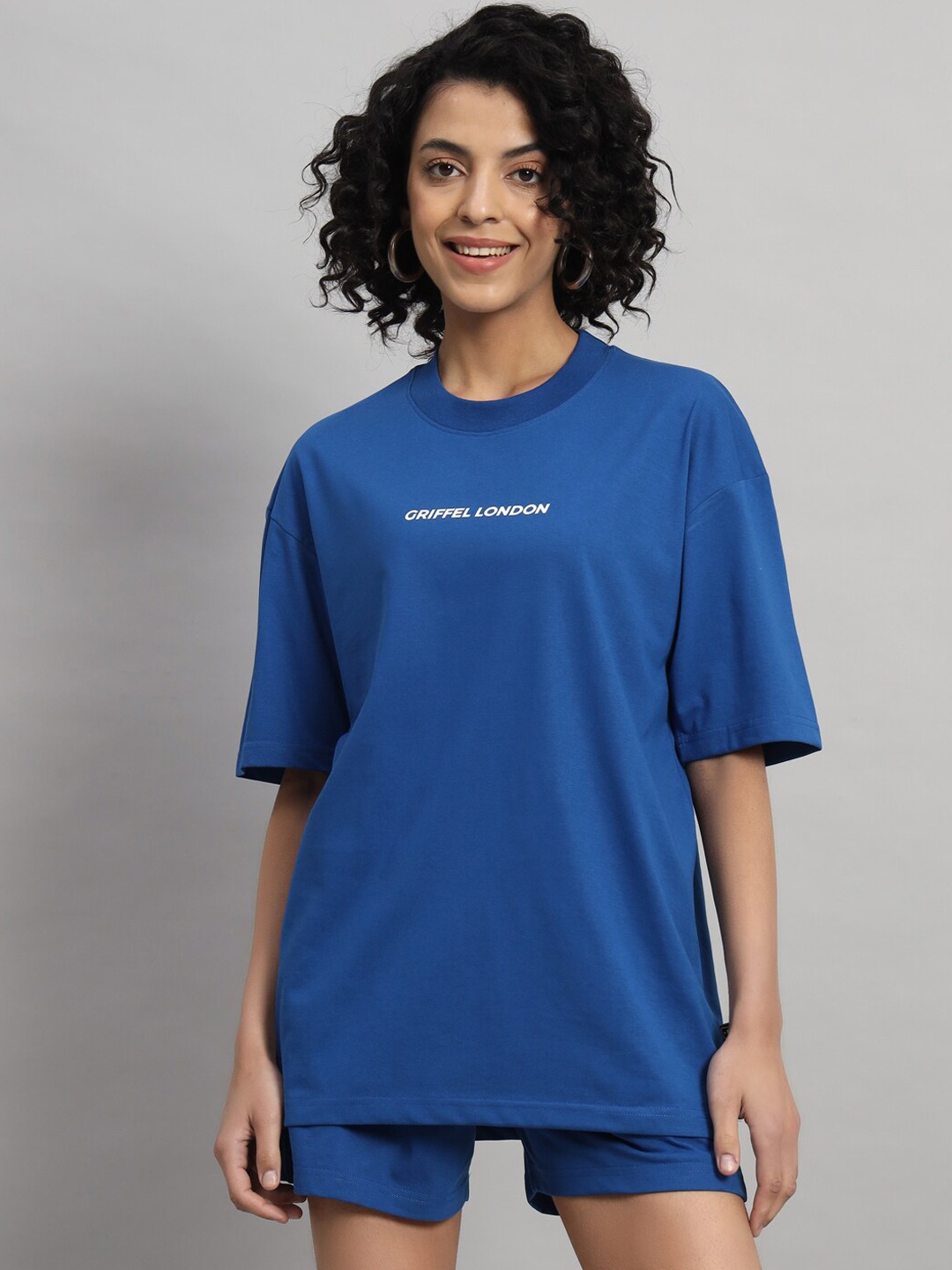 

GRIFFEL Typography Printed Oversized-Fit Cotton T-shirt With Shorts Co-Ords, Blue
