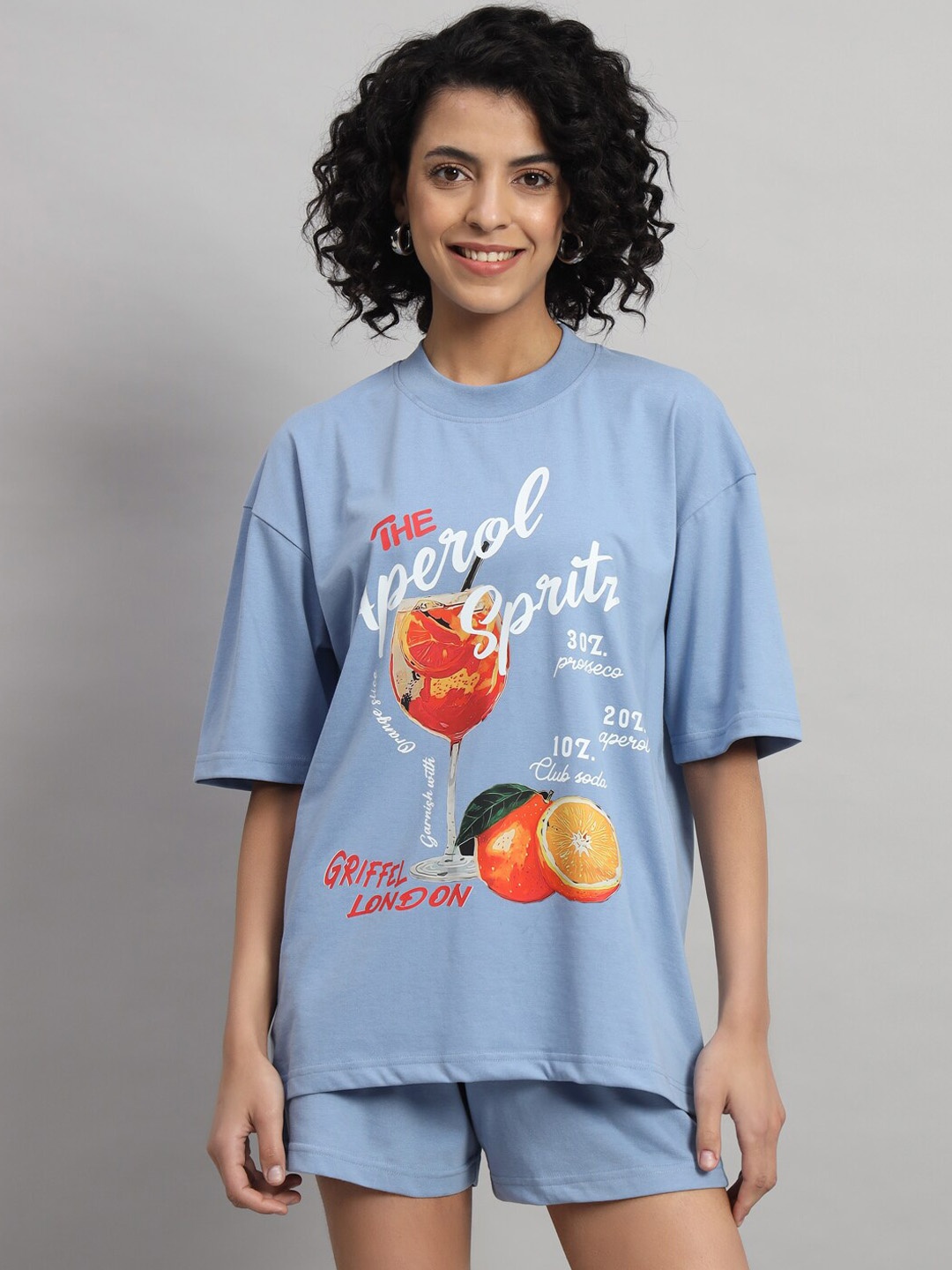 

GRIFFEL Graphic Printed Pure Cotton T-Shirt With Shorts Co-Ords, Blue