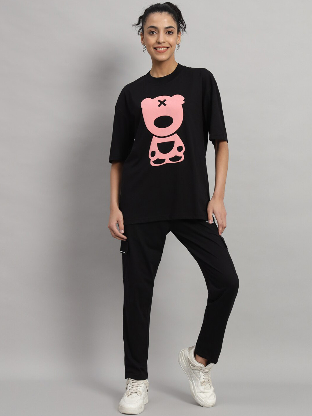 

GRIFFEL Graphic Printed Pure Cotton Round Neck T-Shirt With Flared Trouser Co-Ords, Black