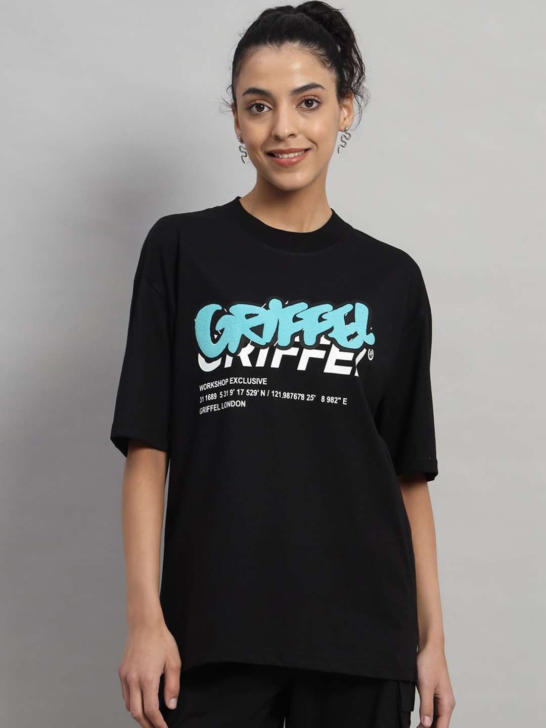 

GRIFFEL Typography Printed Pure Cotton T-Shirt With Shorts Co-Ords, Black