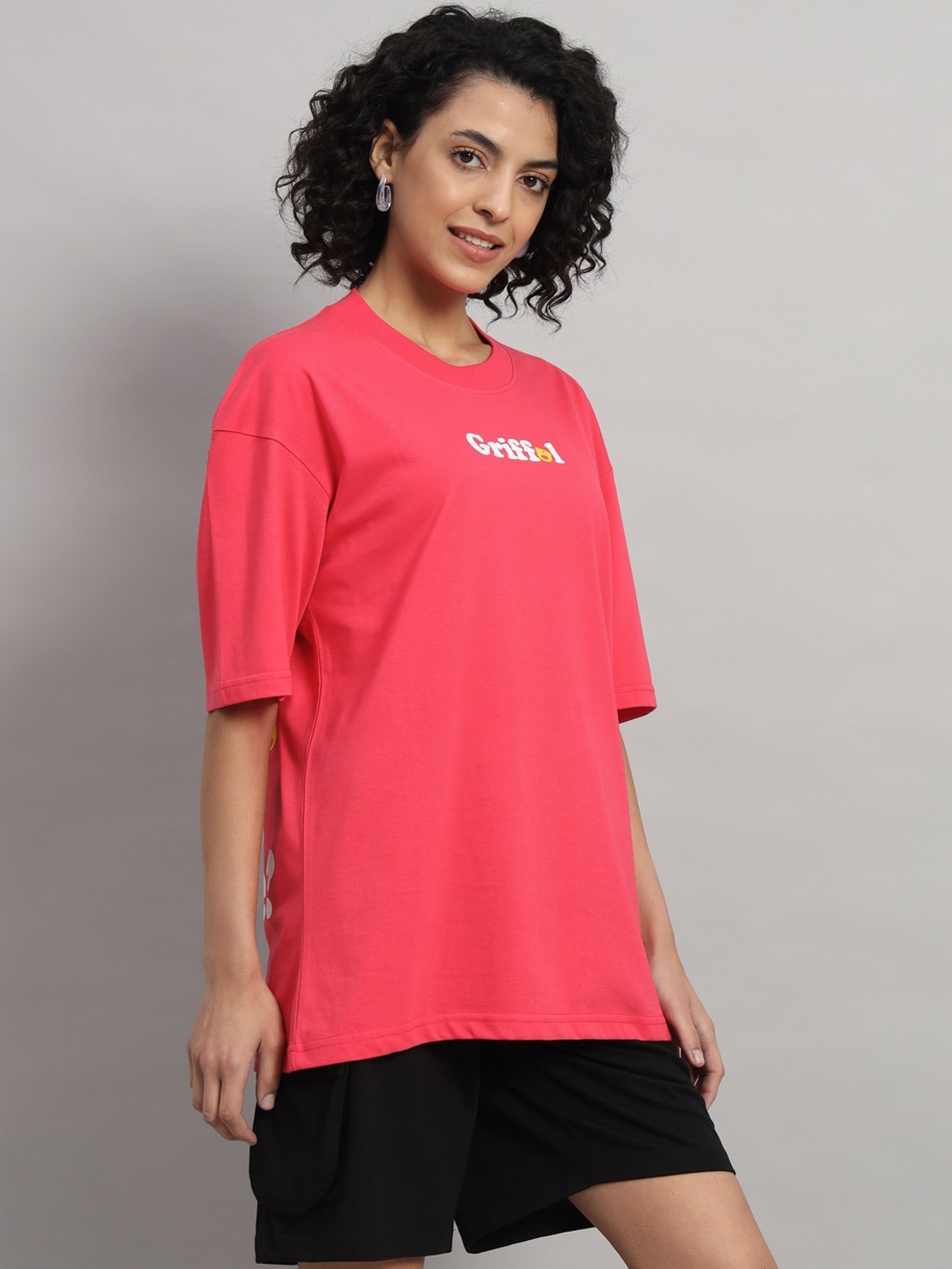 

GRIFFEL Typography Printed Pure Cotton T-shirt With Shorts Co-Ords, Pink