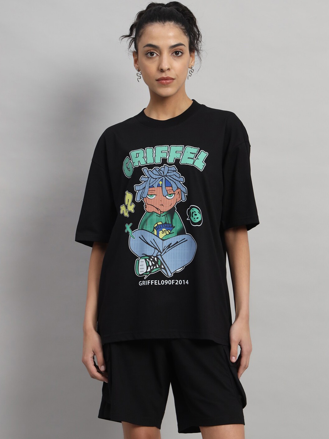 

GRIFFEL Graphic Printed Pure Cotton Oversized-Fit T-shirt With Shorts Co-Ords, Black