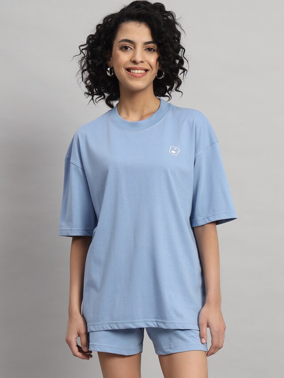 

GRIFFEL Printed Pure Cotton Oversized-Fit T-Shirt With Shorts Co-Ords, Blue