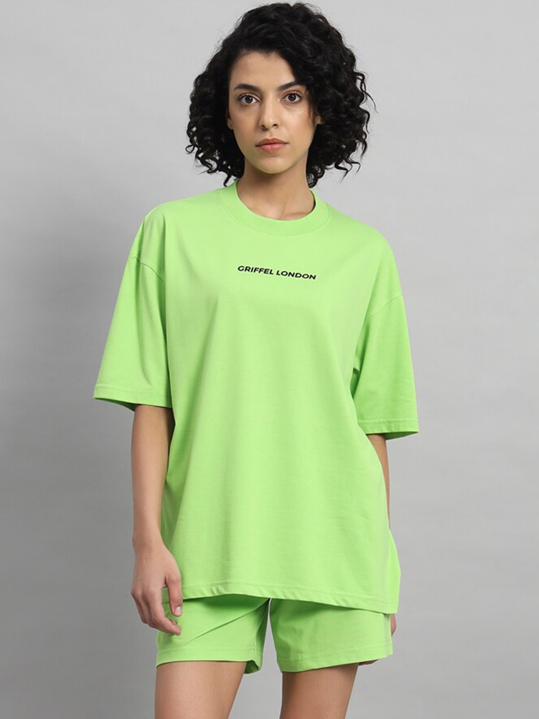 

GRIFFEL Pure Cotton Oversized Fit T-Shirt With Shorts Co-Ords, Green