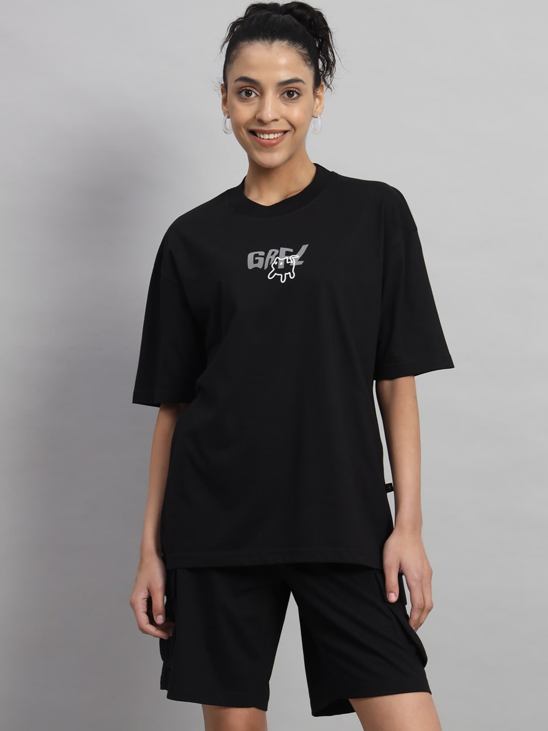 

GRIFFEL Typography Printed Pure Cotton Oversized-Fit T-shirt With Shorts Co-Ords, Black