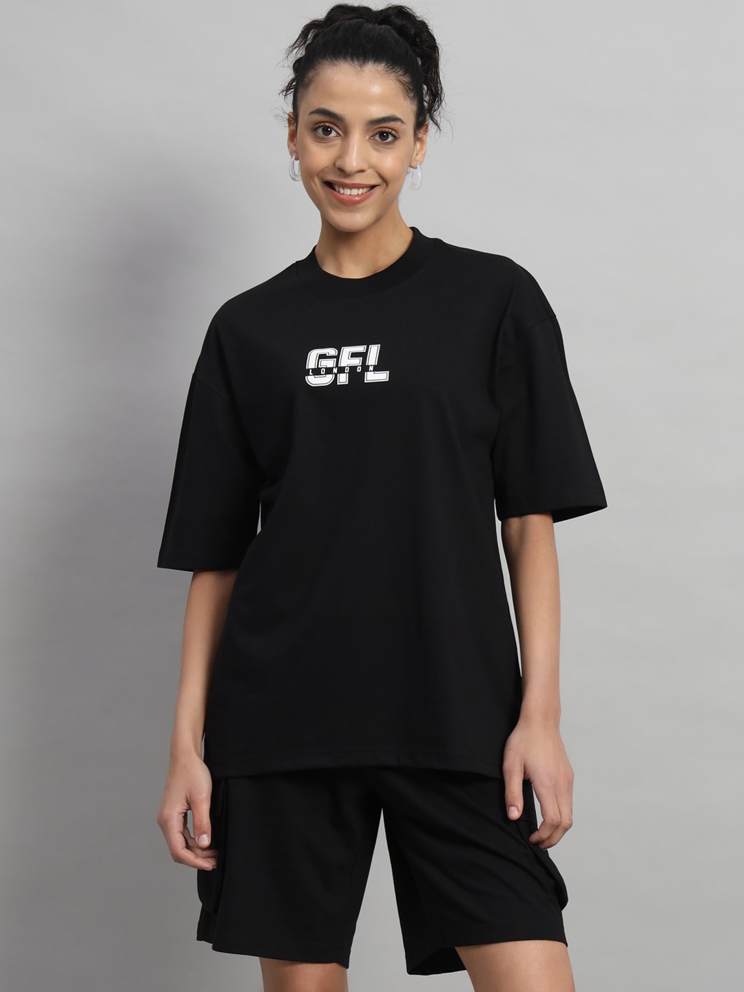 

GRIFFEL Typography Printed Pure Cotton Oversized T-shirt With Shorts Co-Ords, Black