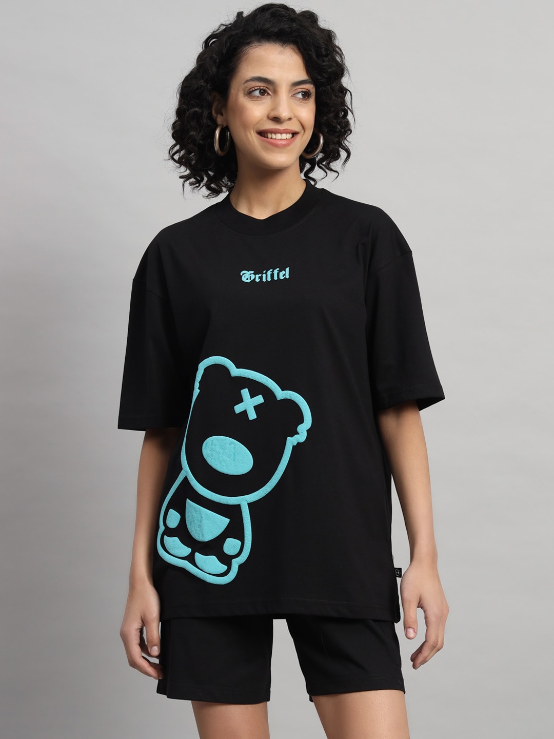 

GRIFFEL Graphic Printed Pure Cotton Oversized Fit T-Shirt With Shorts Co-Ords, Black