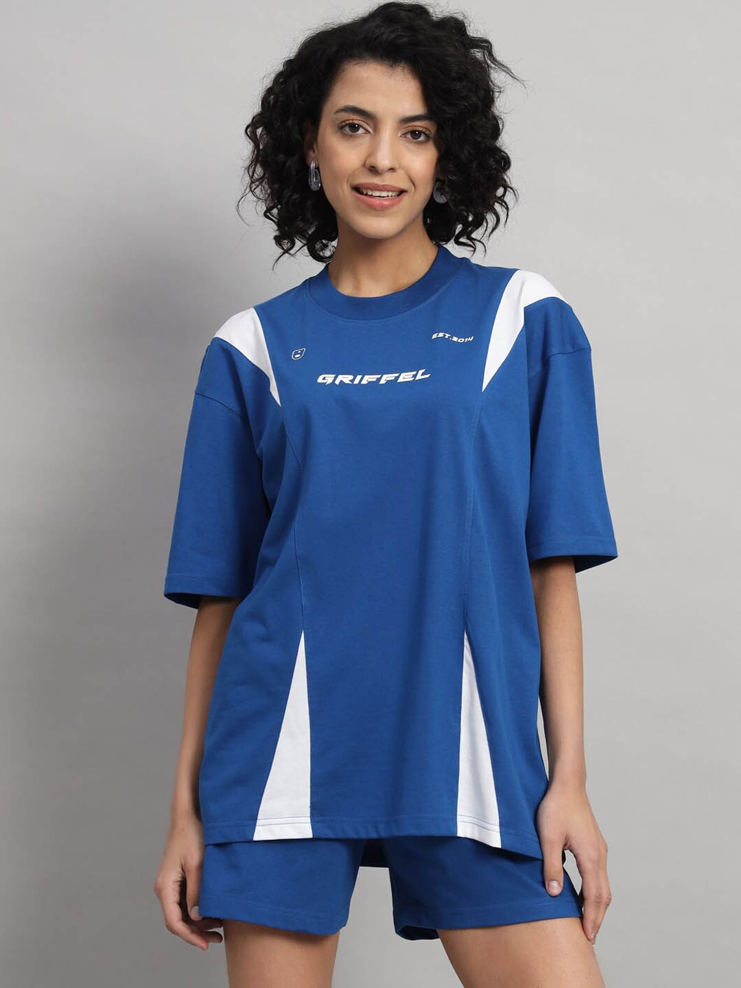 

GRIFFEL Typography Printed Pure Cotton Oversized Fit T-Shirt With Shorts Co-Ords, Blue