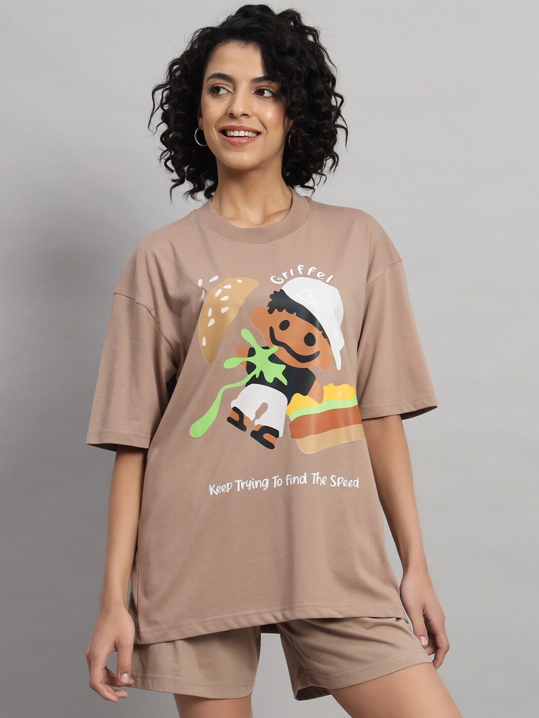 

GRIFFEL Graphic Printed Pure Cotton Oversized T-Shirt With Shorts Co-Ords, Camel brown