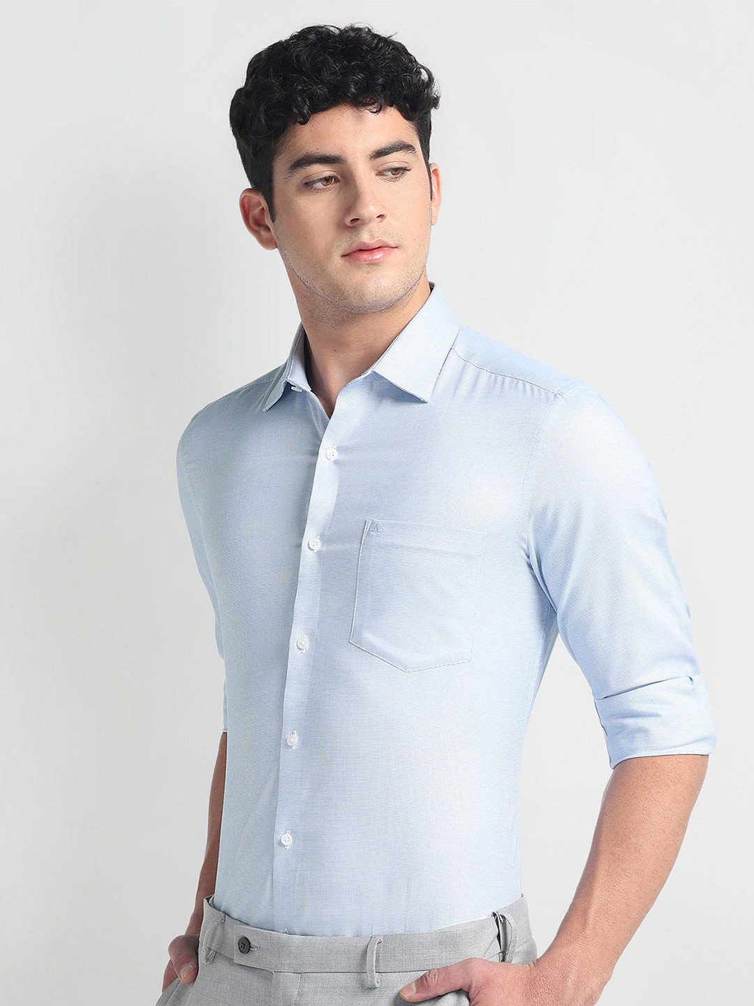 

Arrow Self Design Cotton Cutaway Collar Curved Slim Fit Formal Shirt, Blue