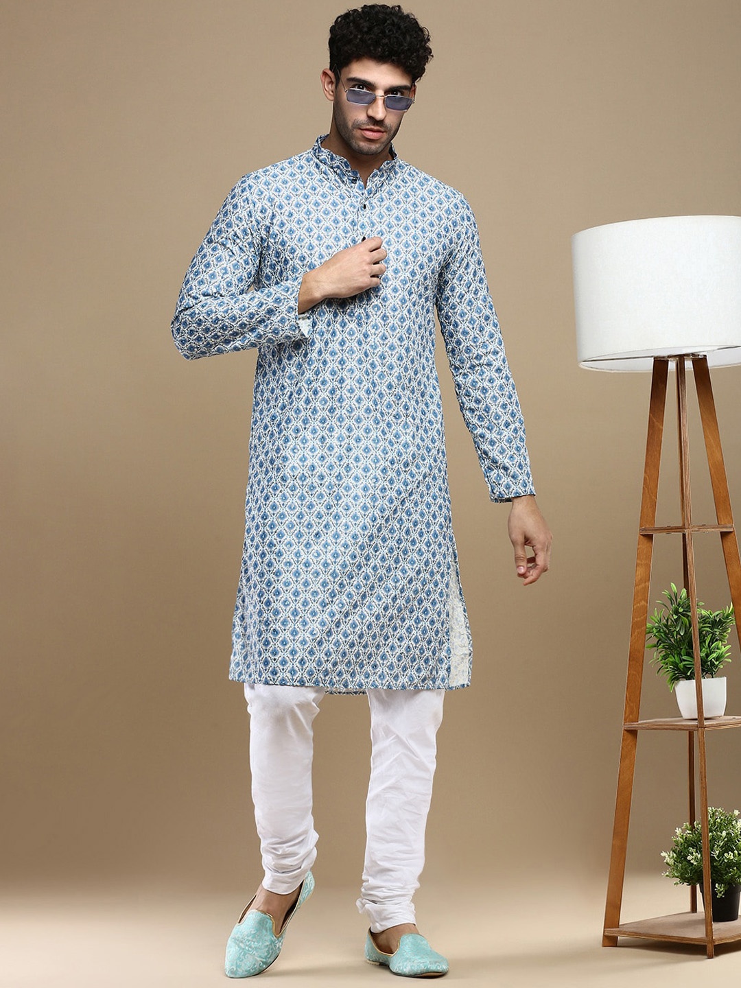 

Anouk Blue Ethnic Motifs Printed Sequinned Mandarin Collar Cotton Straight Kurta