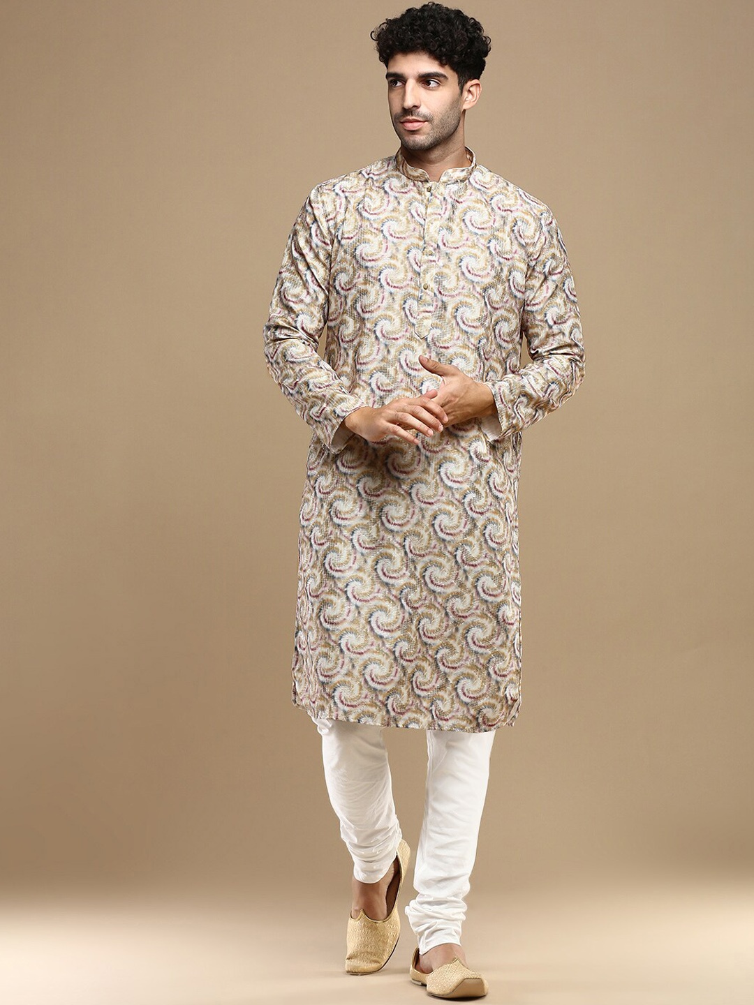 

Anouk Men Ethnic Motifs Printed Thread Work Floral Kurta, Mustard