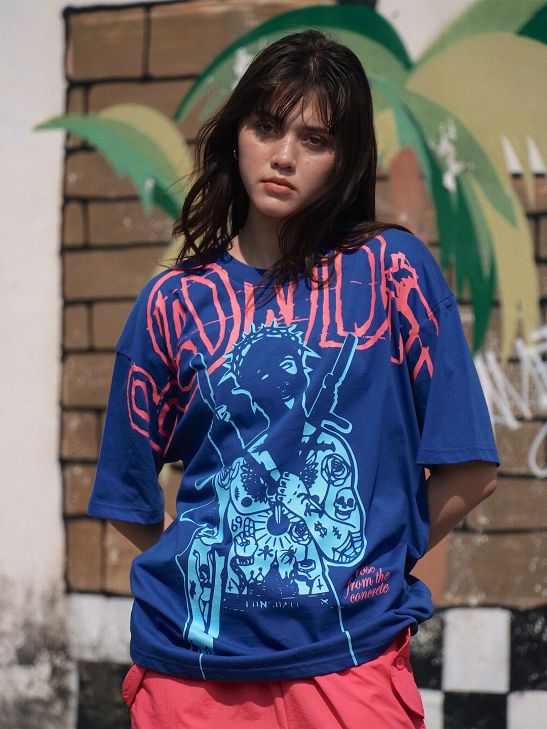 

Bonkers Corner Blue Typographic Printed Round Neck Oversized T-shirt