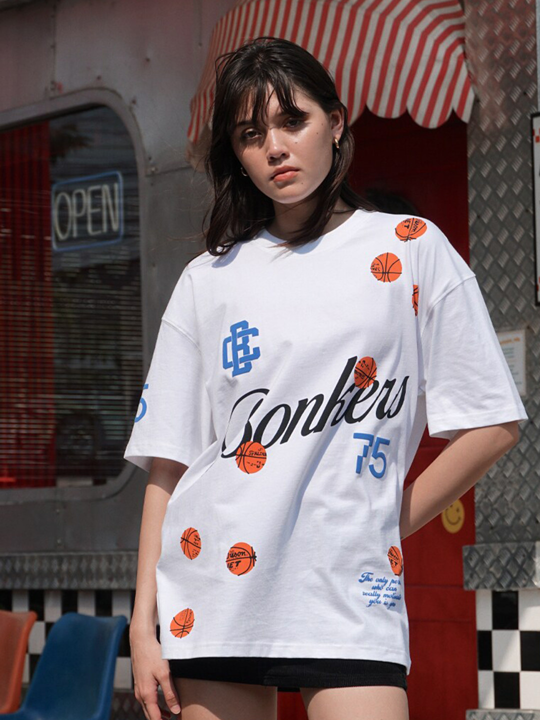 

Bonkers Corner Round Neck Short Sleeves Typography Printed Cotton Oversized T-shirt, White