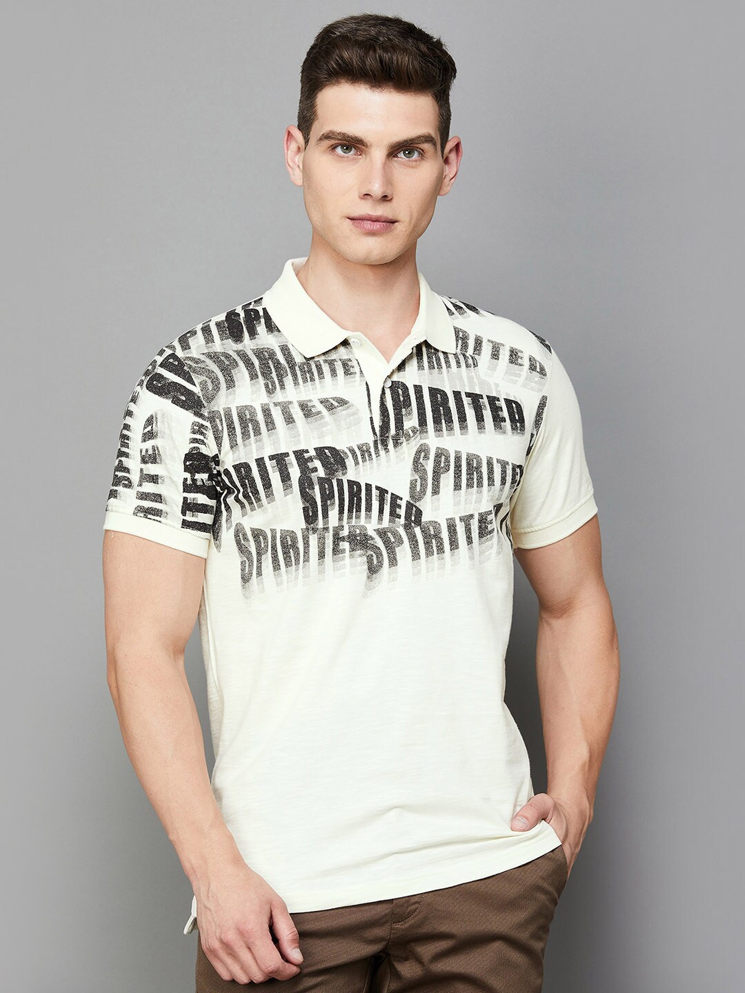 

Forca by Lifestyle Typography Printed Polo Collar Slim Fit T-shirt, White