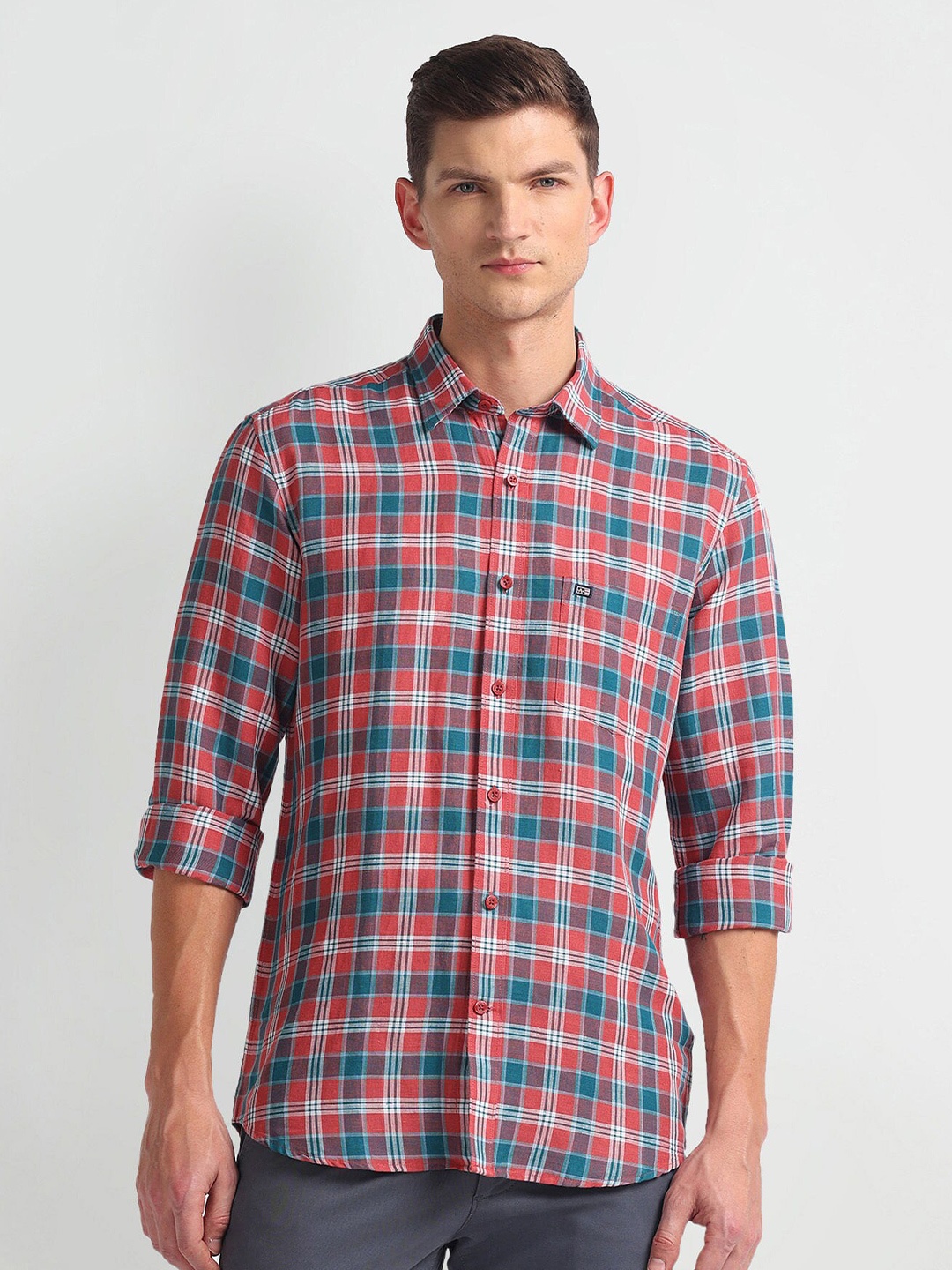 

Arrow Sport Checked Spread Collar Linen Curved Slim Fit Casual Shirt, Pink