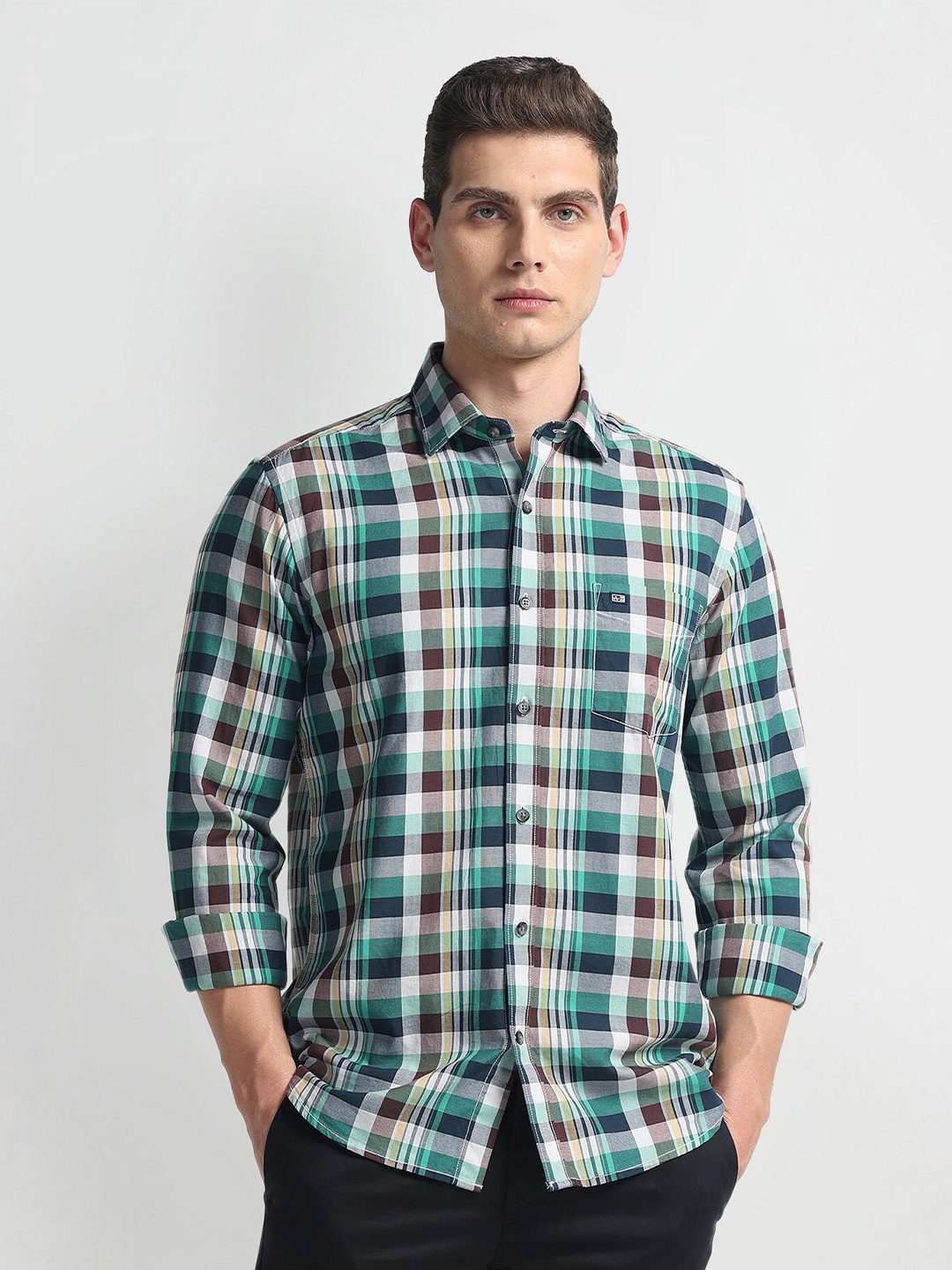 

Arrow Sport Checked Spread Collar Cotton Curved Slim Fit Casual Shirt, Green