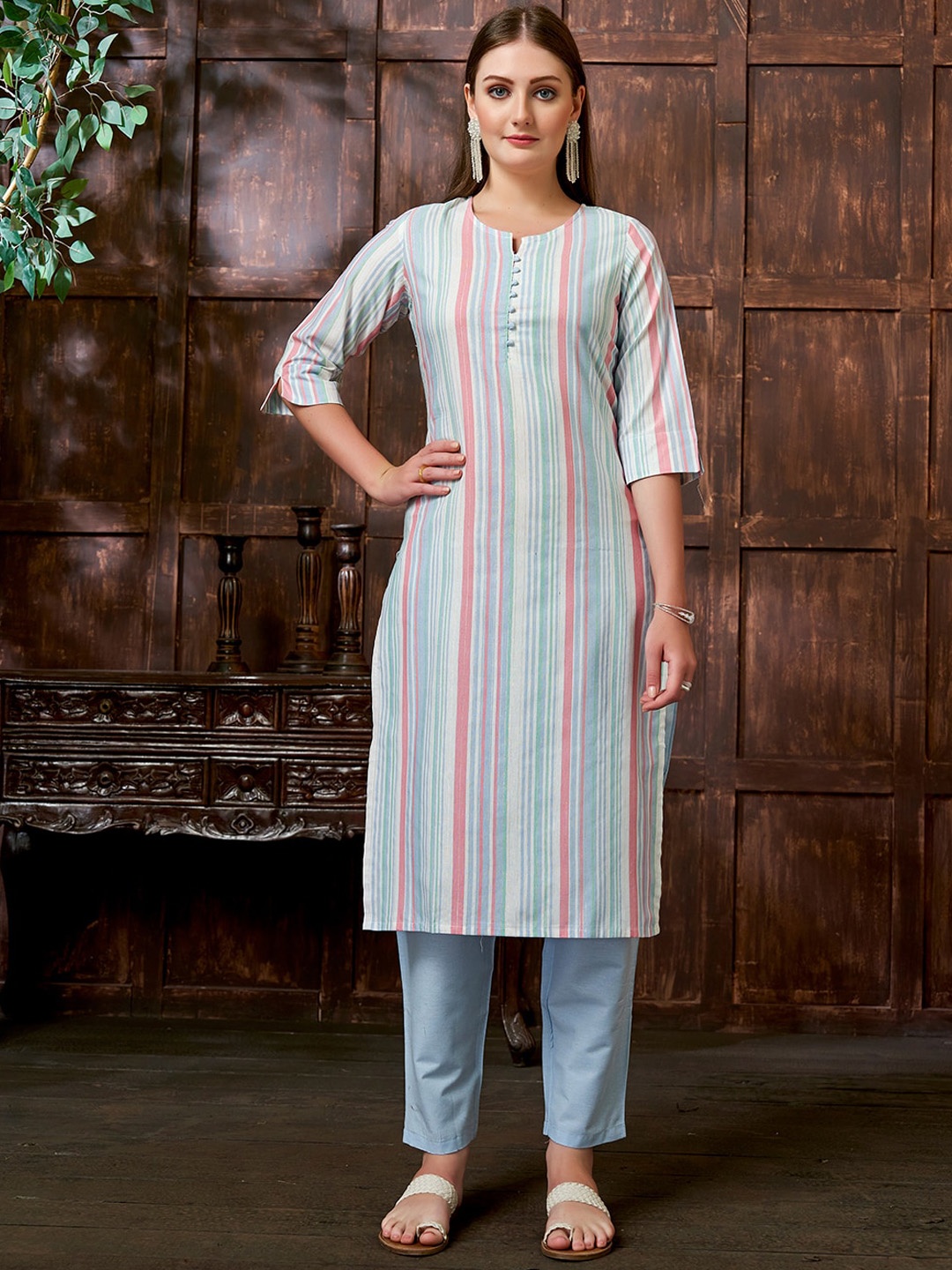 

KALINI Striped Round Neck Straight Kurta with Trousers, Blue