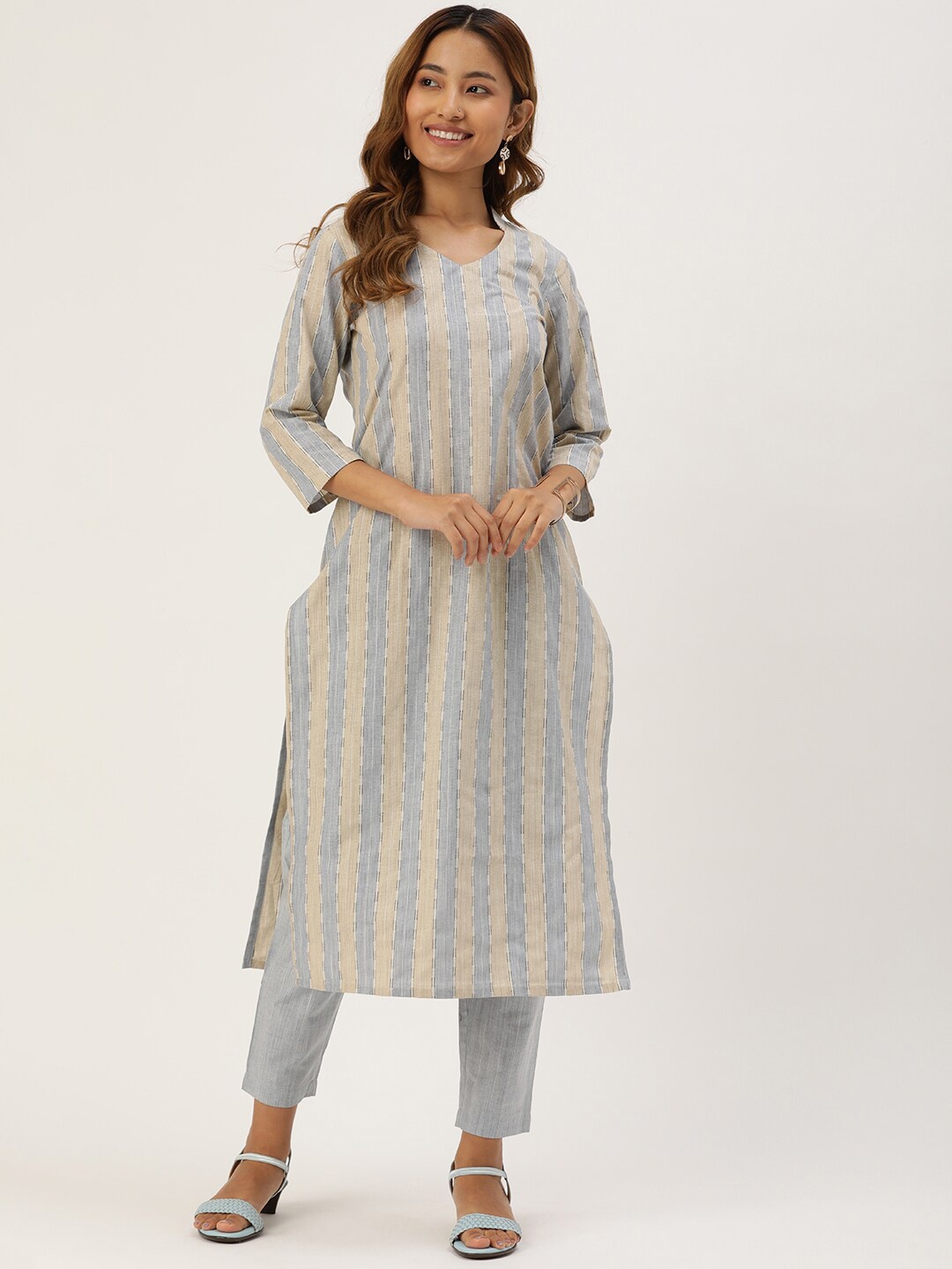 

KALINI Striped Straight Kurta with Trousers, Blue