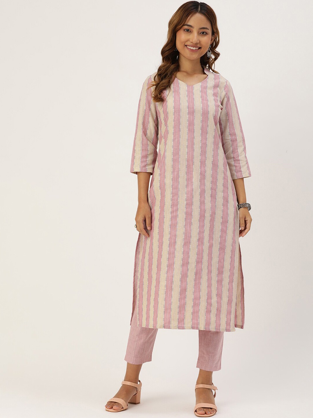 

KALINI Striped Mandarin Collar Straight Kurta With Trousers, Pink