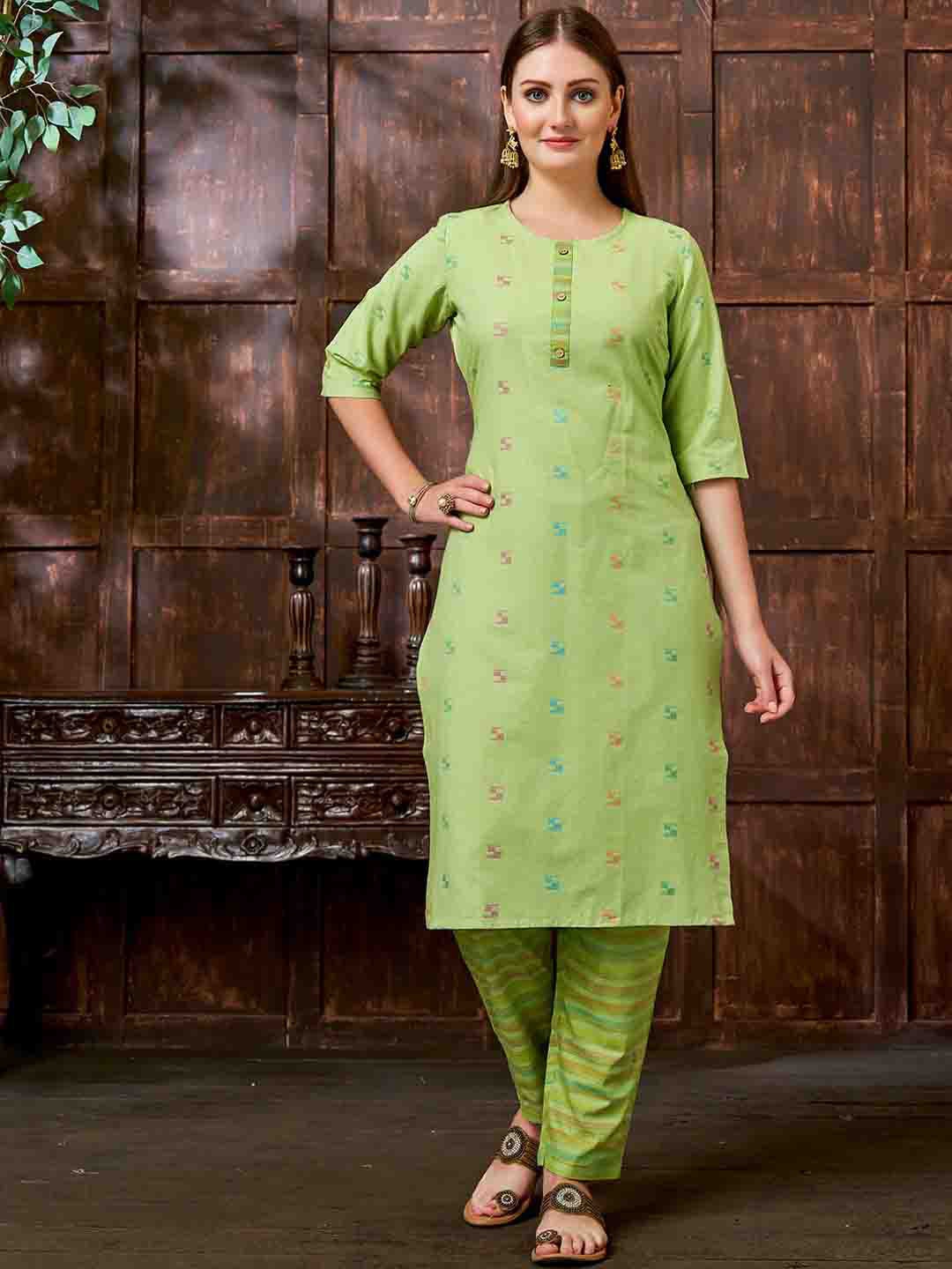 

KALINI Geometric Woven Design Kurta with Trousers, Green