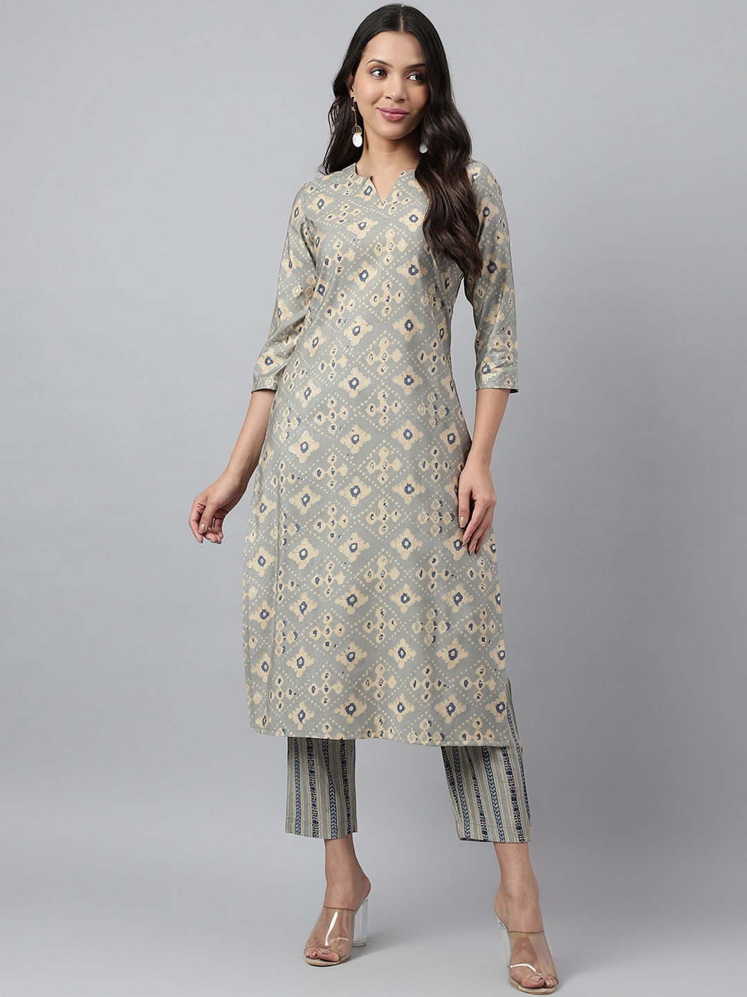 

KALINI Ethnic Motifs Printed Straight Kurta with Trousers, Grey