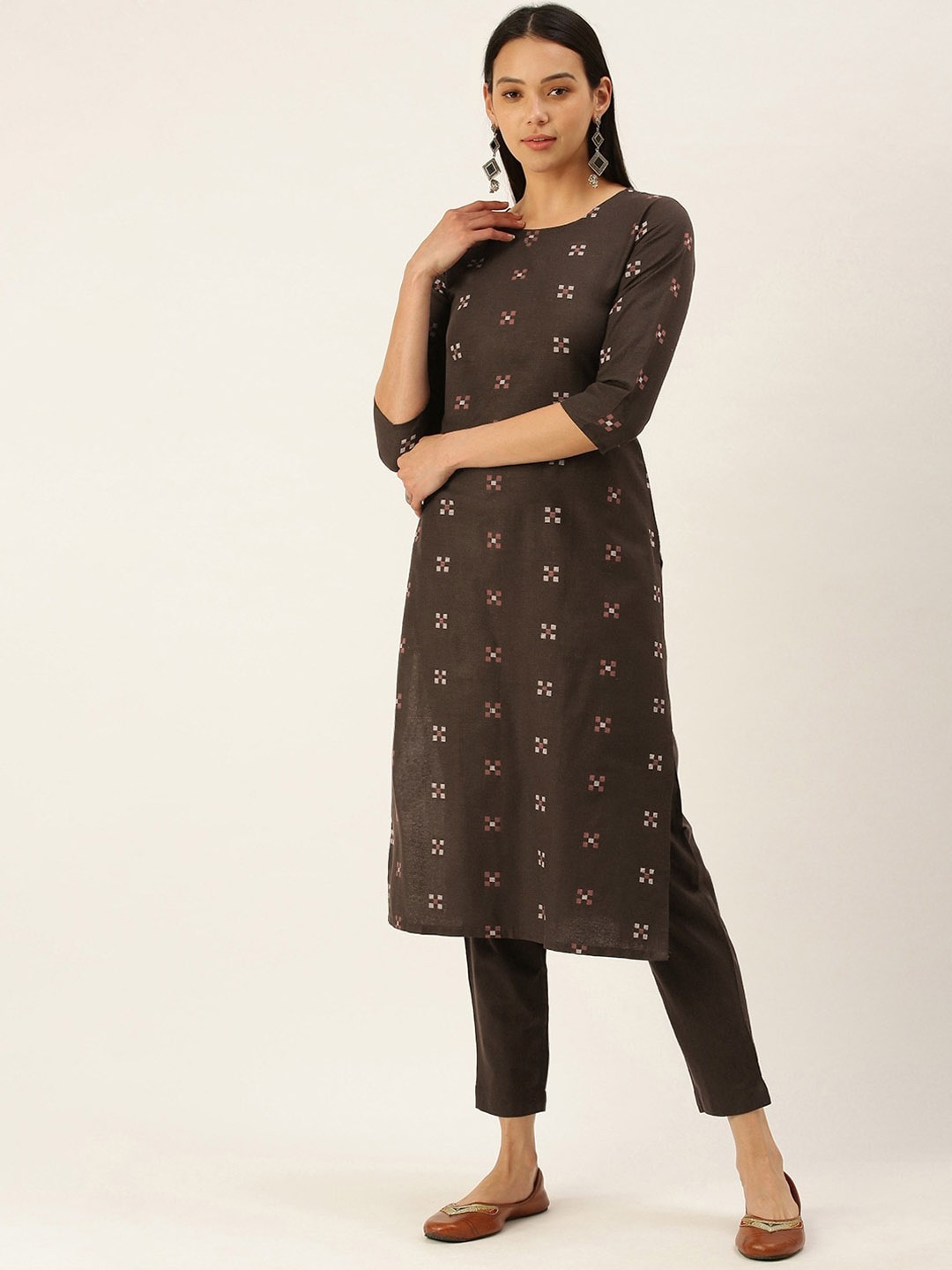 

KALINI Geometric Embroidered Straight Kurta with Trousers, Brown