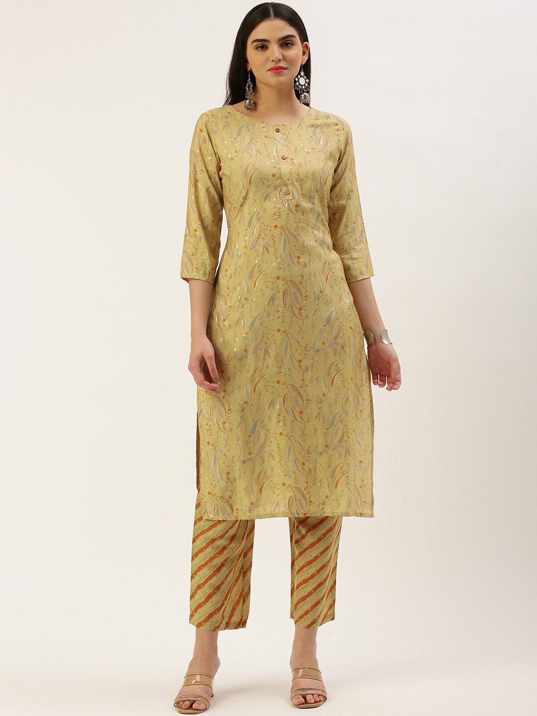 

KALINI Floral Printed Round Neck Straight Kurta With Trouser, Beige