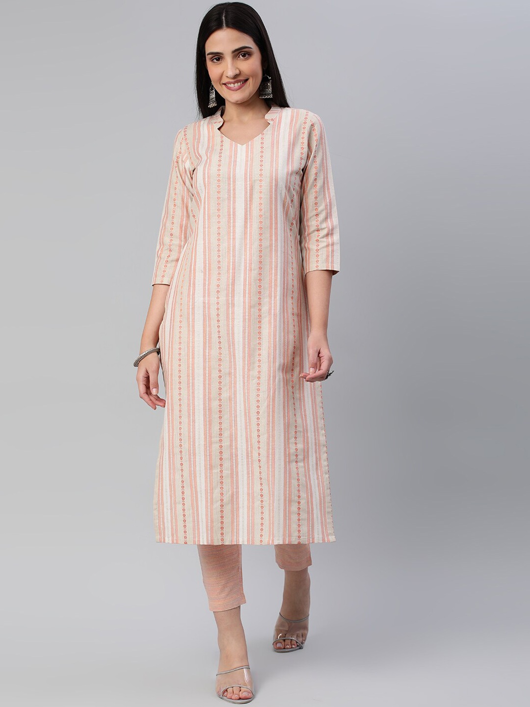 

KALINI Geometric Woven Design Thread Work Kurta with Trousers, Orange