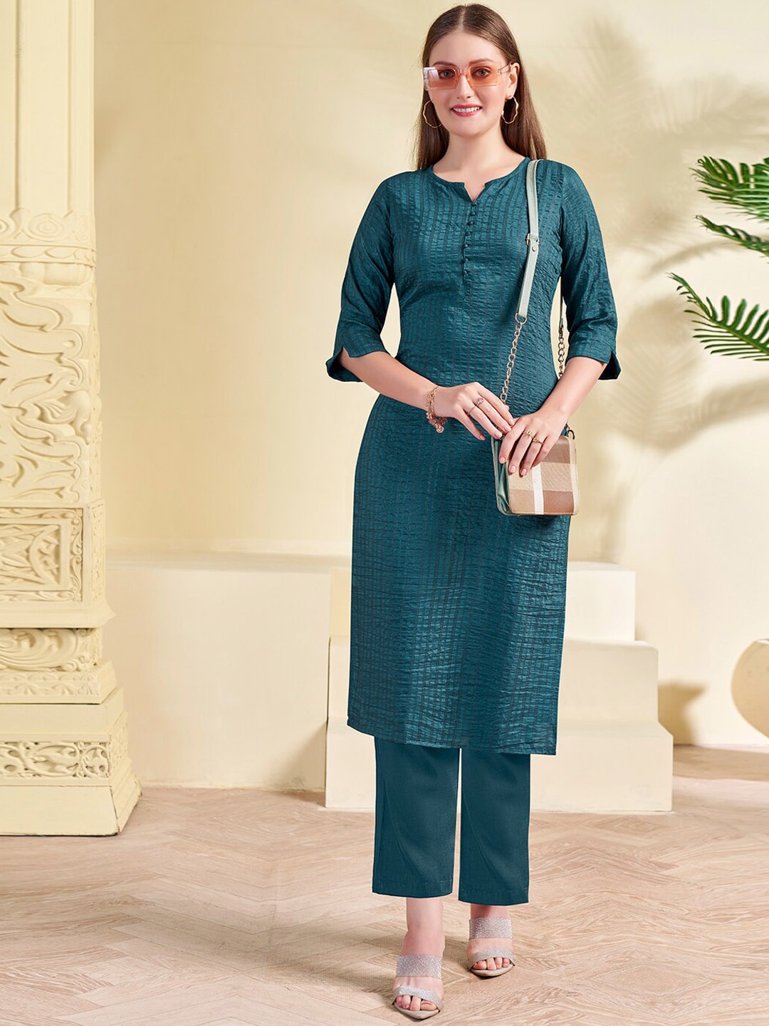 

KALINI Round Neck Striped Regular Thread Work Kurta with Palazzos, Teal