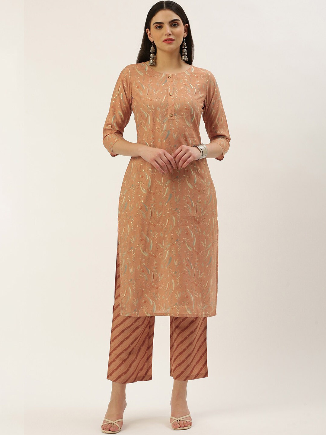 

KALINI Floral Printed Thread Work Straight Kurta with Trousers, Orange